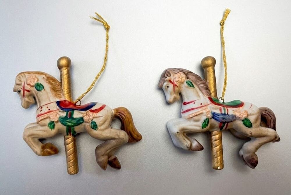 Vintage Ceramic Carousel Horse Ornaments - Set of 2 Hand-Painted Merry-Go-Round